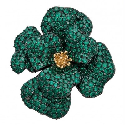 Retro Style - Precious Rose Genuine 22.5 carat Colombian Emerald black rhodium over .925 Sterling Silver handmade Pendant - Brooch
