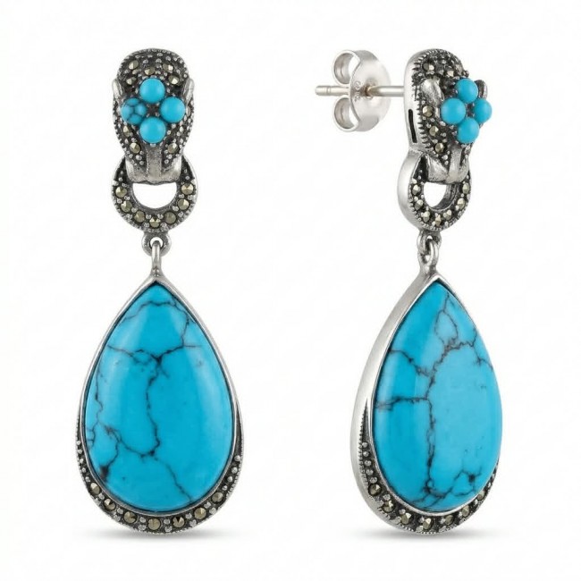 Gephard - Spectacular inkay Turquoise Marcasite .925 Sterling Silver handcrafted Earrings