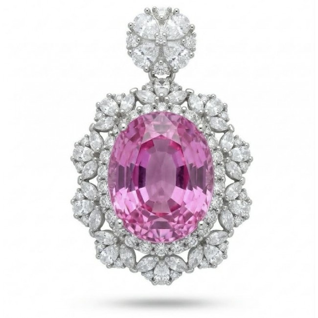 Incredible oval cut 14.8 carat Pink Sapphire .925 Sterling Silver handcrafted pendant