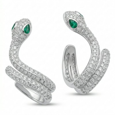 Cobra SNAKE Emerald White Sapphire Snakes 0.5 carat Emerald .925 Sterling Silver earrings