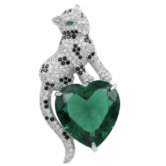 Precious Cheetah authentic 38.5 carat Emerald .925 Sterling Silver Handcrafted pendant brooch