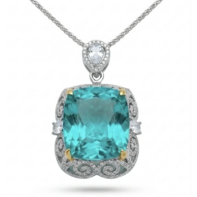 Wonderland 31.3 carat fancy emerald cut Paraiba Tourmaline 2 tones .925 Sterling Silver Handcrafted Statement necklace