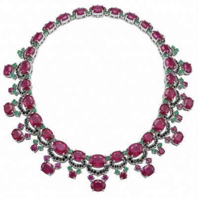 Royalty 157.2 carat Mozambique Ruby Colombian Emerald .925 Sterling Silver .925 Sterling Silver Statement Necklace