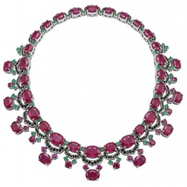 Royalty 157.2 carat Mozambique Ruby Colombian Emerald .925 Sterling Silver .925 Sterling Silver Statement Necklace