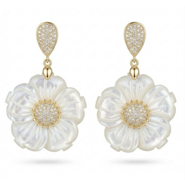 BLOOMING FLOWERS Genuine Blister Pearl 0.2 CARAT lab grown Diamond 18K Gold over .925 Sterling Silver handcrafted Statement Earrings