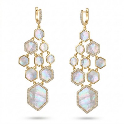 Genuine Blister Pearl 0.3 carat lab grown Diamond 18K Gold over .925 Sterling Silver handcrafted Large Statement Earrings