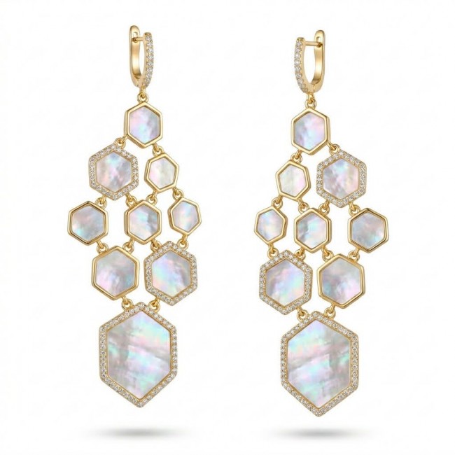 Genuine Blister Pearl 0.3 carat lab grown Diamond 18K Gold over .925 Sterling Silver handcrafted Large Statement Earrings