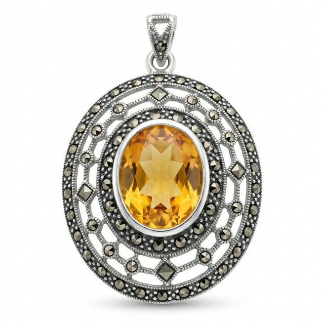Costa del Sol 10.8 carat Citrine MARCASITE .925 Sterling Silver handcrafted Statement pendant