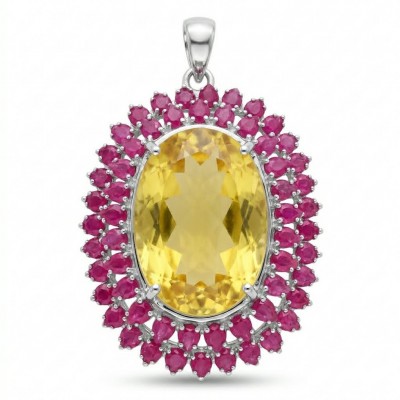 Large Beauty genuine 32.5 carat Lemon Quartz Ruby .925 Sterling Silver handmade Pendant