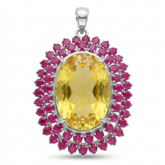 Large Beauty genuine 32.5 carat Lemon Quartz Ruby .925 Sterling Silver handmade Pendant