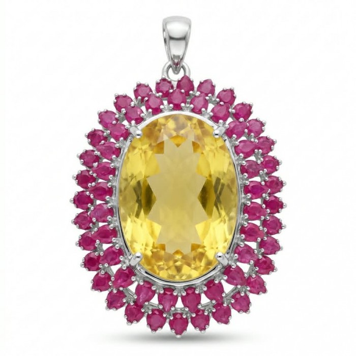 Large Beauty genuine 32.5 carat Lemon Quartz Ruby .925 Sterling Silver handmade Pendant