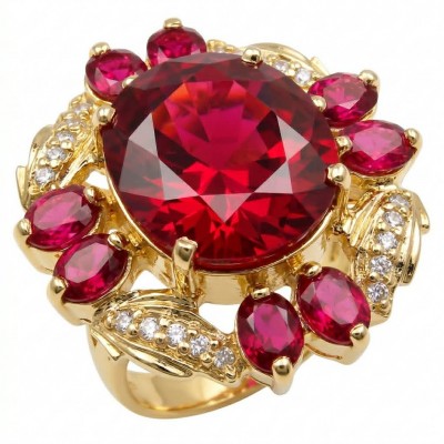 Crimson Fire Authentic 21.4 carat Garnet 18K Gold over .925 Sterling Silver brilliantly handcrafted Large Statement Ring size 7