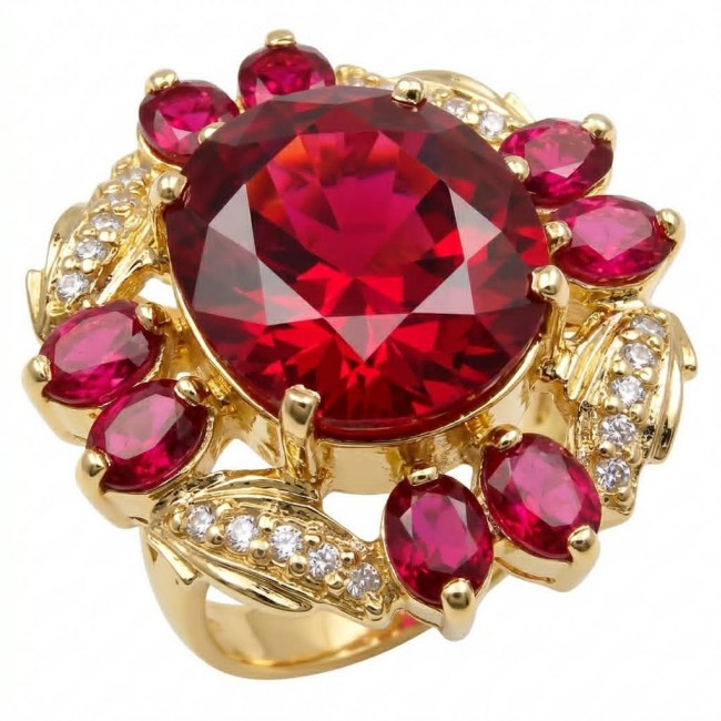 Crimson Fire Authentic 21.4 carat Garnet 18K Gold over .925 Sterling Silver brilliantly handcrafted Large Statement Ring size 7