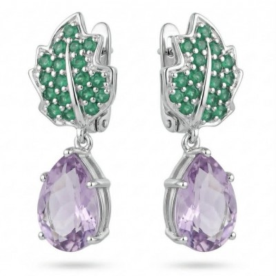 Marie Antoinette's Style - Authentic 28.9 carat COLOMBIAN EMERALD Amethyst .925 Sterling Silver dipped in rhodium handcrafted earrings