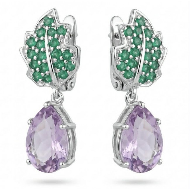 Marie Antoinette's Style - Authentic 28.9 carat COLOMBIAN EMERALD Amethyst .925 Sterling Silver dipped in rhodium handcrafted earrings