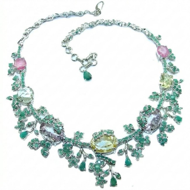 Marie Antoinette's Style - Authentic 155.9 carat COLOMBIAN EMERALD Amethyst .925 Sterling Silver dipped in rhodium handcrafted Statement necklace