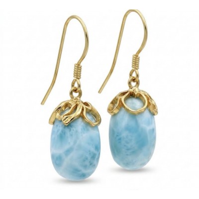 Genuine 10.5 carat Blue Larimar 14K Gold over .925 Sterling Silver handmade earrings