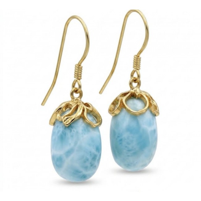 Genuine 10.5 carat Blue Larimar 14K Gold over .925 Sterling Silver handmade earrings