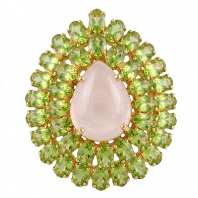 Francesca - Brazilian Rose Quartz Peridot 28.5 carat 18K Gold over .925 Sterling Silver handcrafted Large Ring size 7
