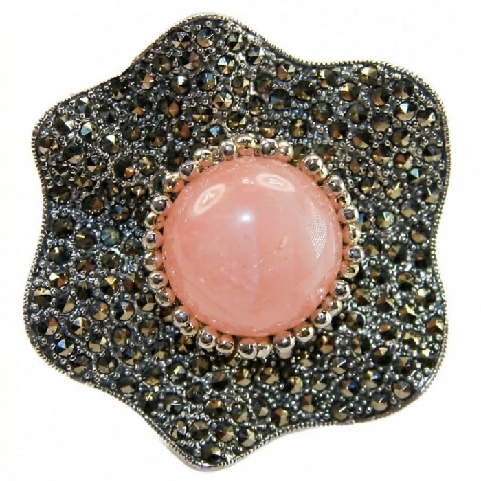 Bella Rosa Natural 17.8 carat BRAZILIAN ROSE QUARTZ .925 Sterling Silver dipped in RHODIUM handmade Statement Ring size 6 - video