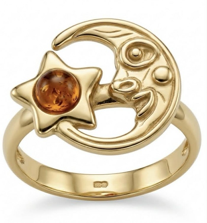 HARMONY Beauty of the Sea - Natural Baltic Amber .925 Sterling Silver dippedin 18K Gold handcrafted ring; s. 7