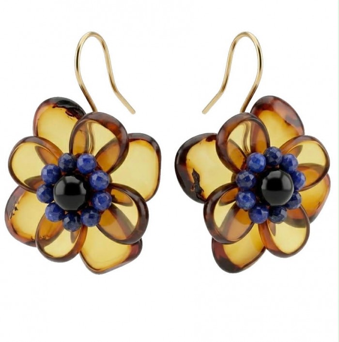 Summer Flowers Wonderful natural Baltic Amber 14K Gold over .925 Sterling Silver entirely handcrafted earrings