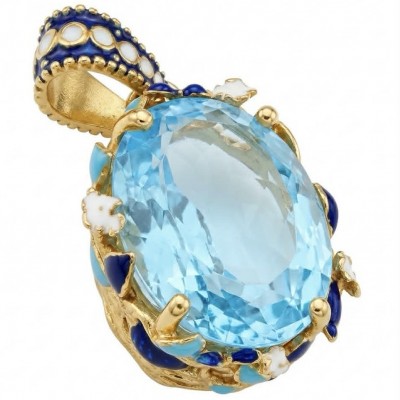 Atlantica 34.4 carat fancy oval cut Swiss Blue Topaz 18K Gold over Enamel .925 Sterling Silver handcrafted Handcrafted Pendant