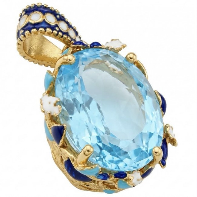 Atlantica 34.4 carat fancy oval cut Swiss Blue Topaz 18K Gold over Enamel .925 Sterling Silver handcrafted Handcrafted Pendant