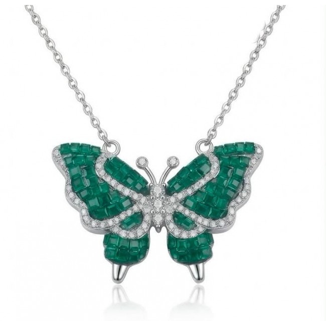 Precious Butterfly authentic 12.9 carat Colombian Emerald .925 Sterling Silver handcrafted Statement necklace
