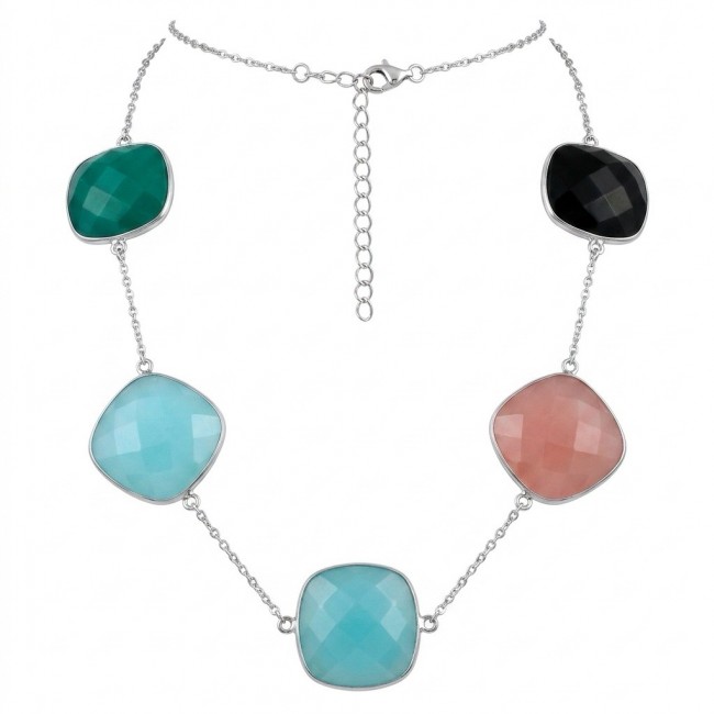 Serafina Multistone Statement 18 inches long rhodium over .925 Sterling Silver necklace