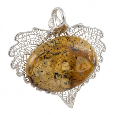 REAL Leaf dipped in sterling silver Picture Jasper & .925 Sterling Silver Pendant