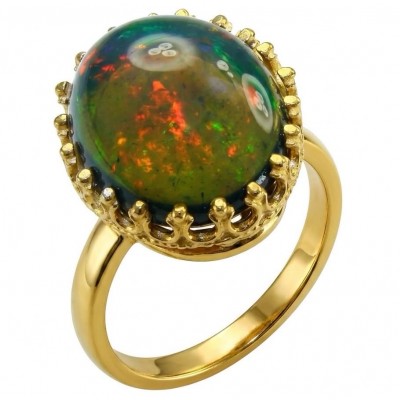 Exotic Beauty Genuine 24.2 carat Black Opal 18K Gold over .925 Sterling Silver handmade Ring size 8 1/4