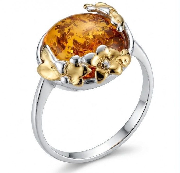 Queen of Fire best quality 6.4 carat BALTIC AMBER 2 tones .925 Sterling Silver handmade ring 7