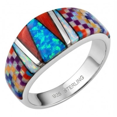 Aztec's Spirit Genuine inlay doublet Opal .925 Sterling Silver handmade Ring size 6 1/4