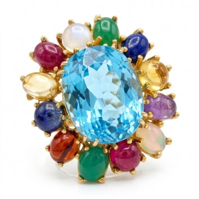 Dolce Vita 25.3 carat genuine Large Swiss Blue Topaz .925 Sterling Silver dipped in 22K Gold handcrafted Large ring size 8