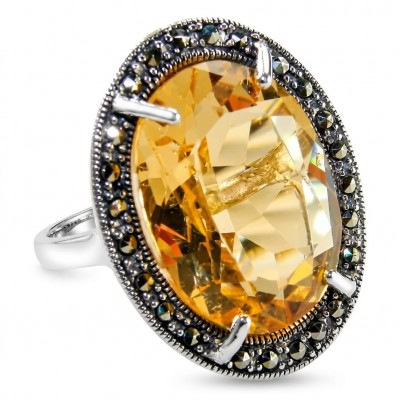 Golden Dream 22.5 carat Citrine Marcasite .925 Sterling Silver Handcrafted Ring size 8 3/4