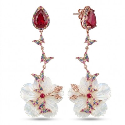 Summer Flowers Blister Pearl Red Topaz 18K Rose Gold over .925 Sterling Silver handcrafted Earrings