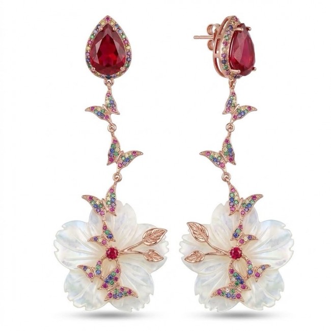 Summer Flowers Blister Pearl Red Topaz 18K Rose Gold over .925 Sterling Silver handcrafted Earrings