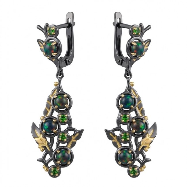 CAROLYN 4.2 carat Australian Black Opal black rhodium 18K Gold over .925 Sterling Silver incredible handcrafted Earrings