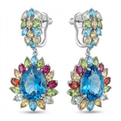 Atlantica 33.7 carat Swiss Blue Topaz .925 Sterling Silver dipped in rhodium Handcrafted Statement earrings