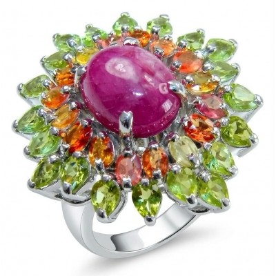 Giovanna Natural 29.4 carat Ruby .925 Sterling Silver dipped in rhodium handmade Large Statement Ring size 7