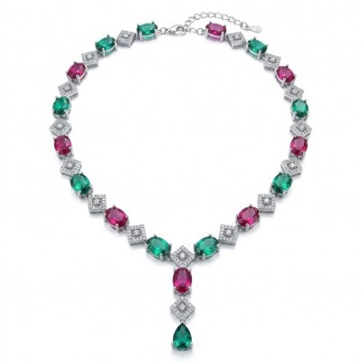 Francesca - Luxurious natural 19.8 carat Ruby Emerald .925 Sterling Silver handmade Statement necklace