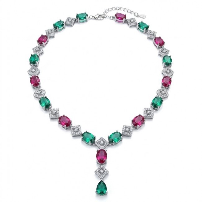 Francesca - Luxurious natural 19.8 carat Ruby Emerald .925 Sterling Silver handmade Statement necklace