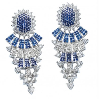 Authentic 4.7 carat Sapphire Rhodium over .925 Sterling Silver handcrafted Statement earrings