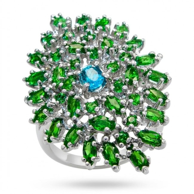 Fiammetta oval cut 2.2 carat Paraiba Tourmaline Tsavorite Garnet .925 Sterling Silver entirely handmade Ring size 8