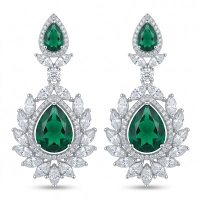 Magnificent Jewel 17.5 carat Emerald 14K white Gold over .925 Sterling Silver handcrafted earrings