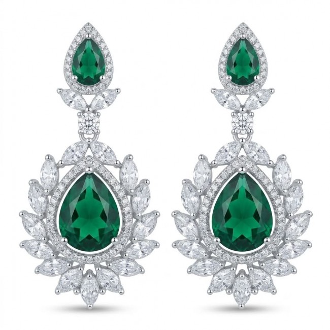 Magnificent Jewel 17.5 carat Emerald 14K white Gold over .925 Sterling Silver handcrafted earrings