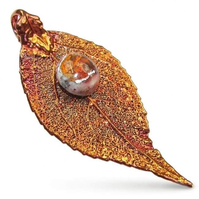 Stylish REAL Leaf dipped in copper Mexican Opal .925 Sterling Silver and Copper Pendant