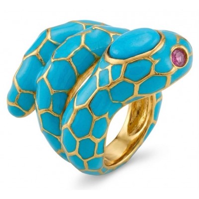 Blue Snake inlay Truquoise Enamel 2.6 carat natural Turquoise 18K Gold over .925 Sterling Silver Huge handcrafted Ring s. 8