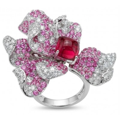 Wild Hibiscus 34.2 carat authentic Mozambique Ruby White Sapphire .925 Sterling Silver handcrafted Statement Ring size 6